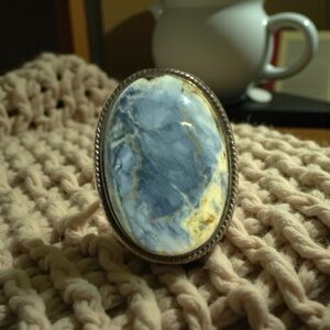 Rare huge light blue w/cream magical pietiersite .925 Silver Women's Ring 8